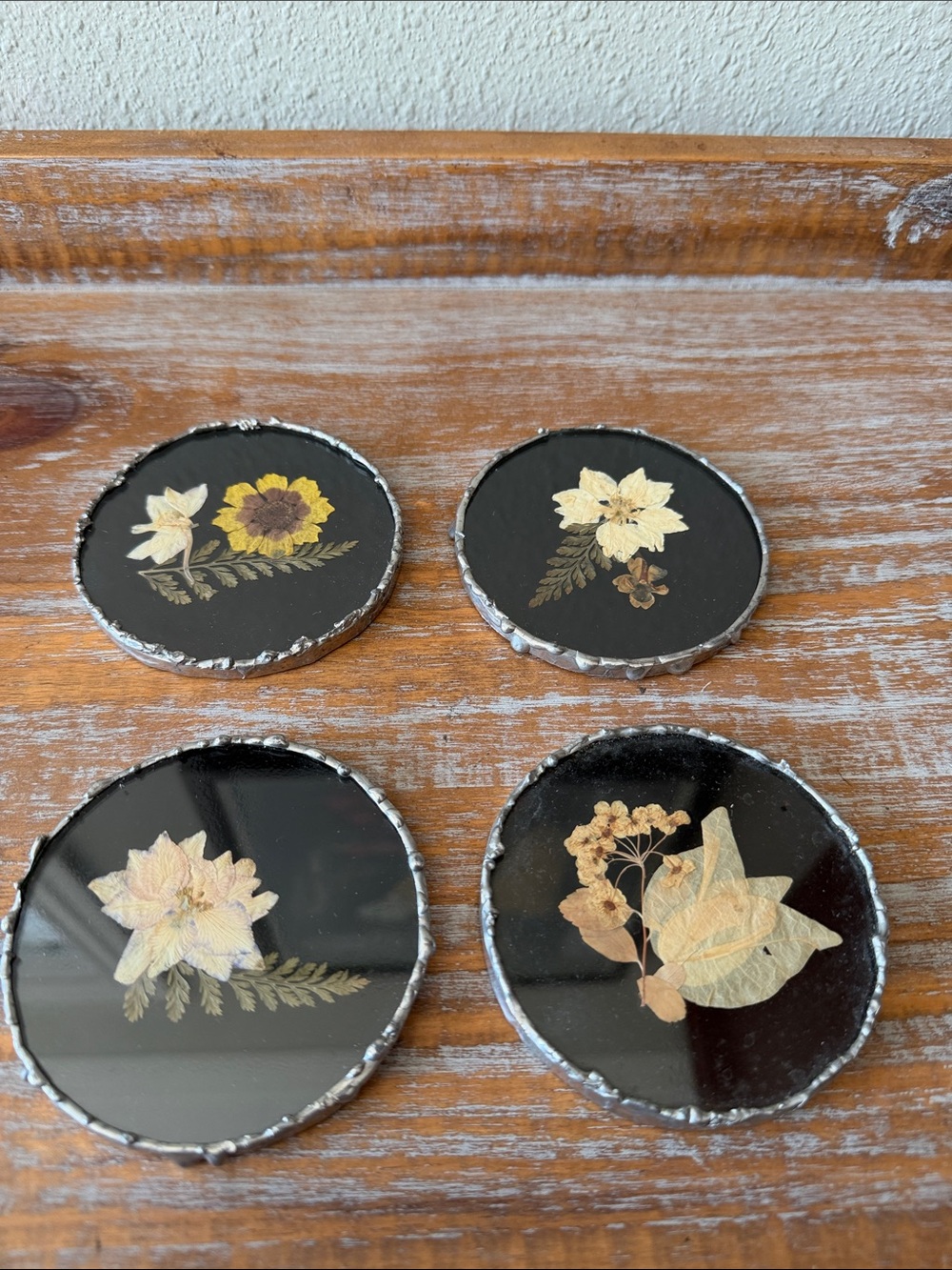 Handmade Black Resin Floral Wall Coasters - Set of 4